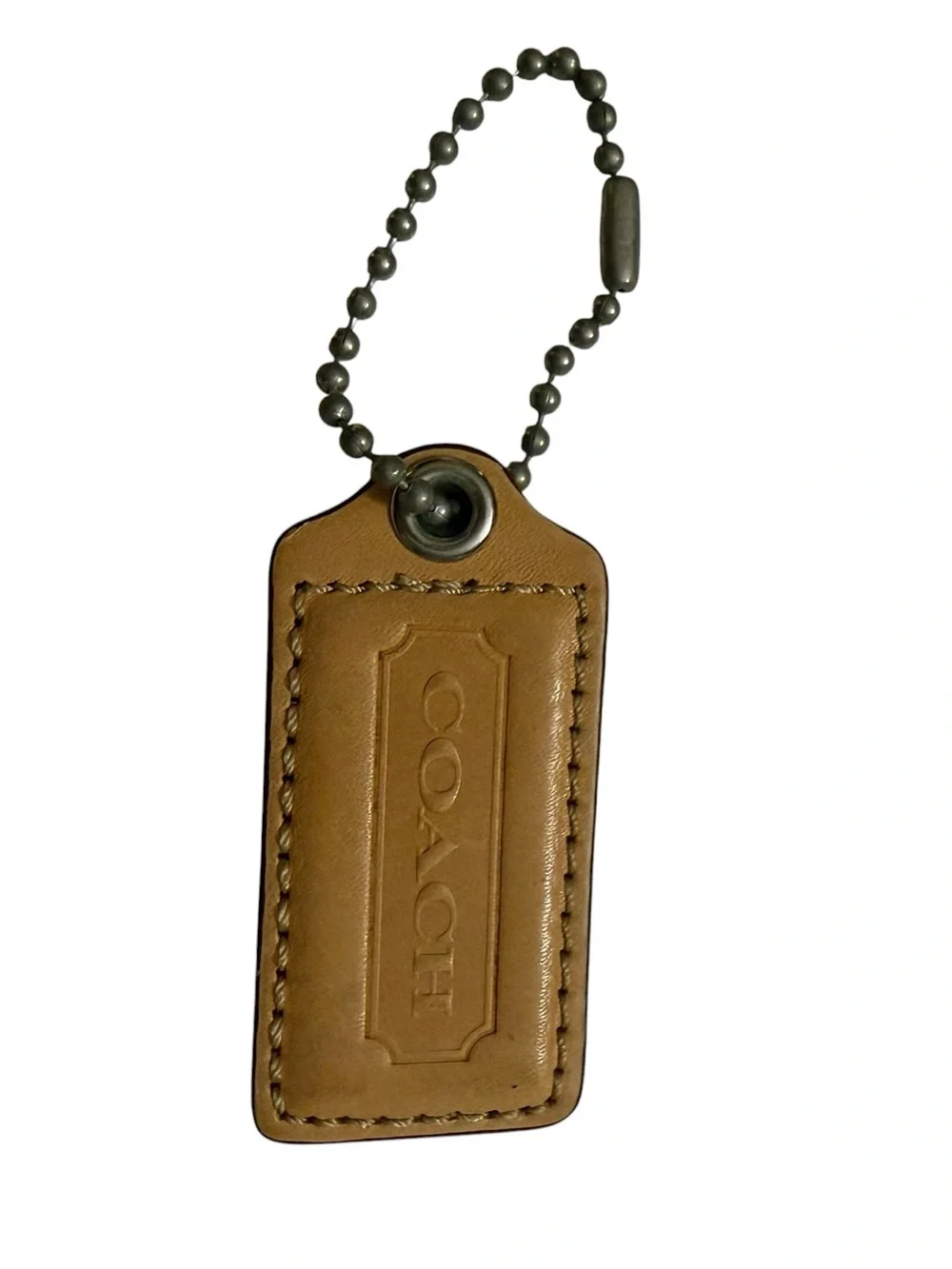 Coach Tan Leather Tag Keychain with Metal Ball Chain